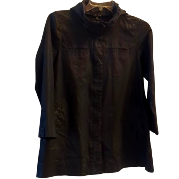 Eileen Fisher Classic Black Waxy Hooded Swing Jacket - Picture 1 of 10
